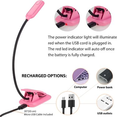 Ліхтарик для читання BIGMONAT з кліпсою, USB, 6 LED, 3 режими яскравості, гнучкий, рожевий