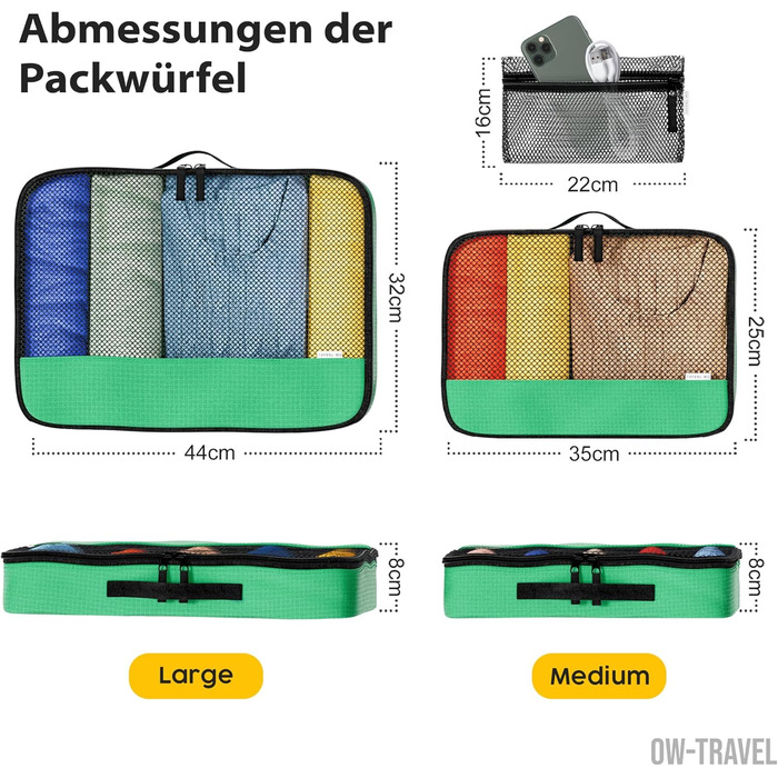 Органайзери для валізи OW-Travel: набір для пакування (5 шт.) - зелені. Органайзери для одягу, пакувальні кубики, середній/великий розмір