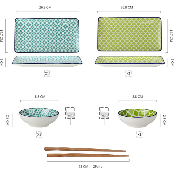 Набір посуду Vancasso HARUKA Sushi Set для суші (2 персони), кераміка, суші-тарілки, соусники, палочки для їжі