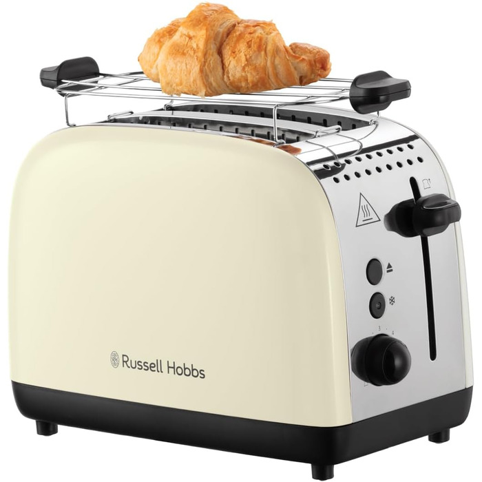 Тостер Russell Hobbs Colours Plus, 2 скибки, нержавіюча сталь, кремовий, широкі відсіки, підставка для булочок, 6 режимів підсмажування, функція розморожування, Lift & Look, 1600 Вт