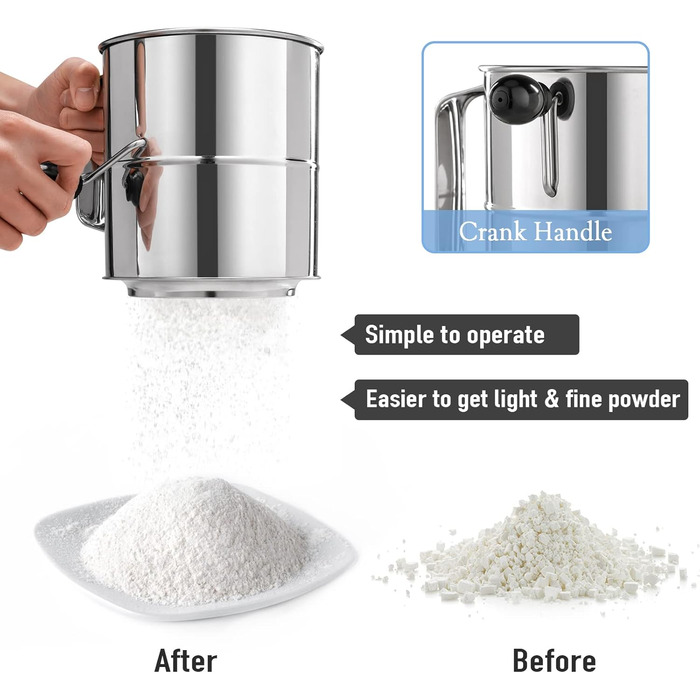 Flour Sifter - 5 Cup Fine Mesh Hand Crank Sifter Stainless Steel with Whisk Wire Loop for Baking, Powdered Sugar Dusting Set