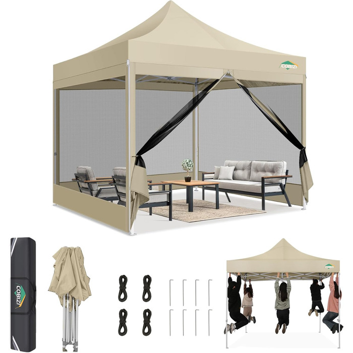 COBIZI Pavilion 3x3m Foldable, Waterproof & Winterproof (Khaki) – Stable Garden Tent with 23mm Steel Pipe, UV50+ and Mosquito Nets for Camping/Parties + Carrying Bag