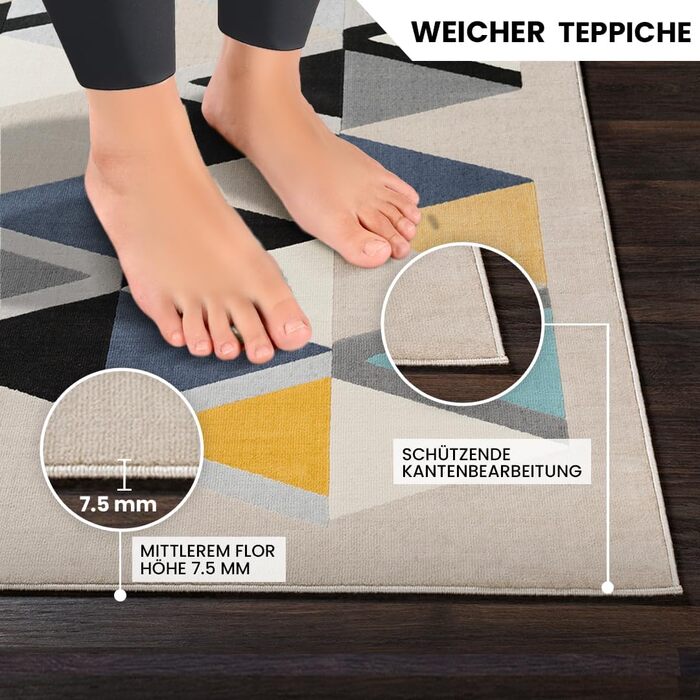 Килимок Livabliss Marietta для вітальні та спальні Boho, 120x170 см, з геометричним візерунком, скандинавський стиль, бежевий, жовтий, блакитний