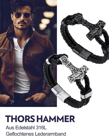 Чоловічий шкіряний браслет Bandmax Mjölnir/Череп/Масонство з магнітною застібкою. Браслет вікінгів для чоловіків, батька, чоловіка. Шкіряний браслет з гравіюванням.