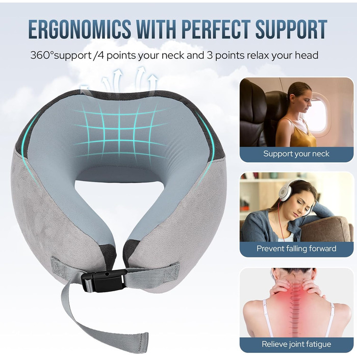 Подушка для шиї в літак, Memory Foam, м'яка, регульована та компактна, Ice Silk, для дорослих, ергономічна, з чохлом для зберігання (сіра)