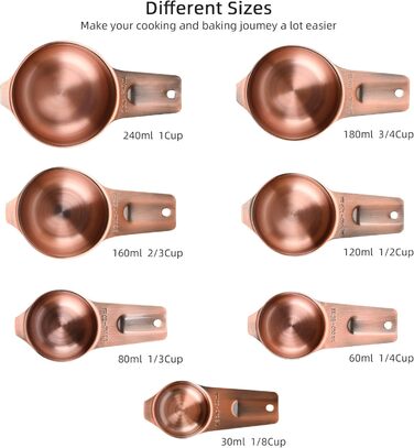 Smithcraft Measuring Cup and Spoon Set, Copper Measuring Cups and Spoons for Dry and Liquid Ingredients, Metric and US Units, 7 Stainless Steel Measuring Cups & 9 Spoons, Leveler and Measurement Equivalents