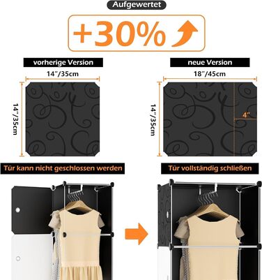 HOMIDEC Wardrobe, Portable Shelving System, 20 Cube Closet made of Plastic with 2 Clothes Rails, Bedroom Wardrobe Closet White for Bedroom, 180 x 142 x 45cm (16 cube, White & Black)