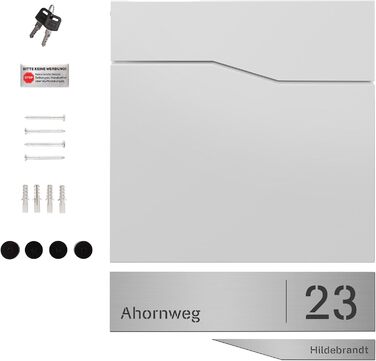 Поштовий ящик білий з газетницею TRELLEBORG, персоналізований, з цинкової сталі з іменем, вулицею та номером будинку + комплект для монтажу (RAL 9016)