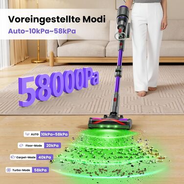 Акумуляторний вертикальний пилосос 600W, 58000Pa, 75 хв роботи, з LED-дисплеєм, зарядною станцією та антизаплутувальною щіткою для килимів, твердих підлог та шерсті тварин (Ліловий)