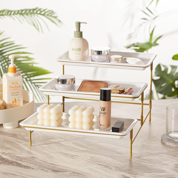 Lifewit 3-Tier Etagere with 30 x 17 cm Plastic Serving Plates, 3-Level Serving Tray/Serving Platter with Folding Gold Metal Shelf, Buffet Party Accessories for Vegetables/Fruit/Cookies/Cake