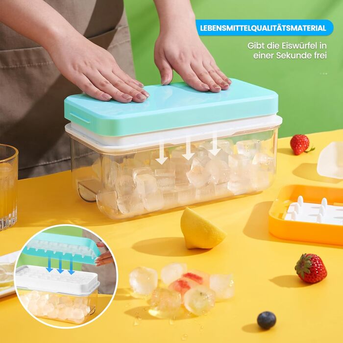 Ice cube mold, ice cube container, 96 ice cubes, ice cube mold with lid, with 3 trays, easy push to release ice, leak-proof, cooling for cocktails, whisky, coffee, blue