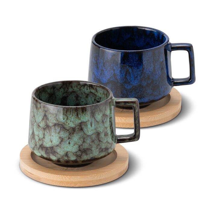 Набір чашок для еспресо 190 мл з дерев'яними підставками, 4 шт. (Бежевий+Циан+Темно-синій+Темно-зелений)