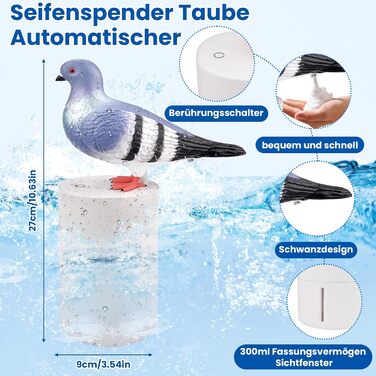Vibbang Soap Dispenser Dove Automatic, 300ml Dove Automatic Soap Dispenser, Pigeon Soap Dispenser for Kitchen Sink and Bathroom, Thick Foam (Gray)