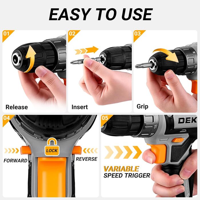 Акумуляторний шуруповерт DEKOPRO 20V 40 Nm: комплект з 2 акумуляторами, LED, 18+1 момент, для дому та DIY, сірий