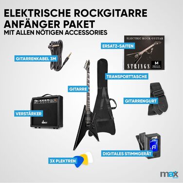 Електрогітара Max GigKit Rock Style: Комплект для гітари з підсилювачем, чохлом, медіатором, тюнером, кабелем, струнами та ременем, 24 лади - Чорний