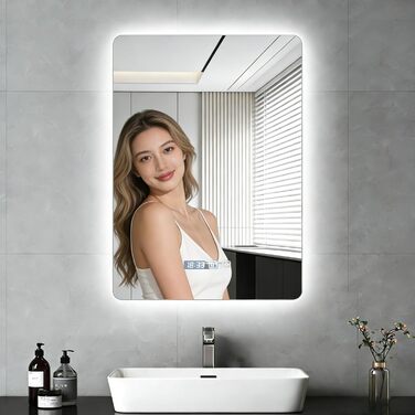 Дзеркало для ванної кімнати Viugreum з підсвічуванням 50x75 см, овальне LED дзеркало для ванної, диммування, 3 кольори світла, проти запотівання, годинник, сенсорна кнопка, дзеркало з LED підсвічуванням для ванної кімнати, вітальні (50x70 см)