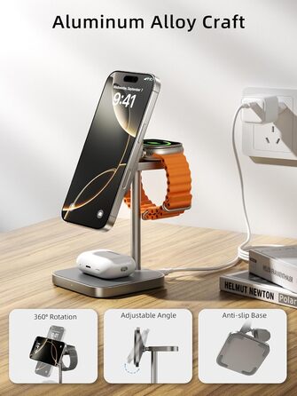 LULULOOK Qi2 Magsafe Зарядна станція 3 в 1 з алюмінію для Apple Watch та iPhone: 15W швидка зарядка для iPhone 17 Pro Max/Pro/Air/17, 5W для Apple Watch Ultra, AirPods. Титан.