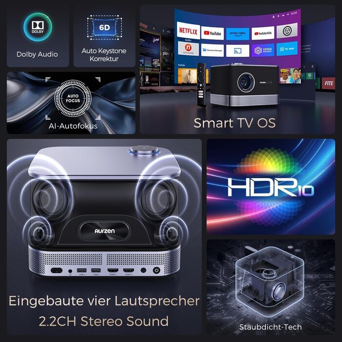 AURZEN Boom 3: 4K проєктор з автофокусом, HDR, WiFi6, Bluetooth, Dolby Audio. Підтримка 1080P Full HD, LED Smart проєктор для дому та на вулицю (чорний)