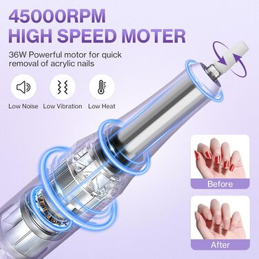 Електрична шліфувальна машинка для нігтів (нагельфрайзер) з LCD-дисплеєм, 45000 об/хв, професійний набір для манікюру та педикюру з мультифункціональною базою та сенсорним керуванням, фіолетовий