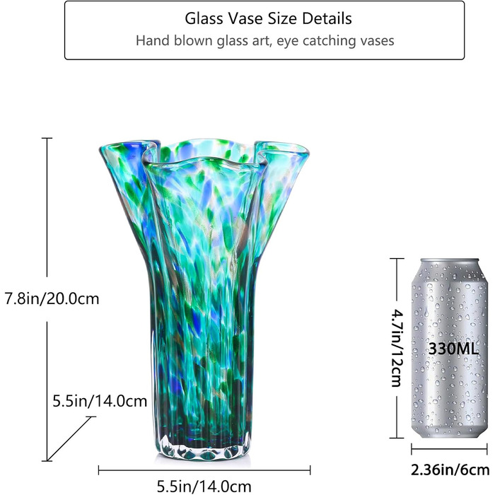 Ваза 22,9 см блакитно-зелена, виготовлена з ручного видутого скла, сучасний дизайн, широке горлечко, ідеальна для квітів та декору, для вітальні, кухні, весілля, офісу
