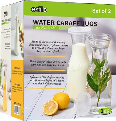 Glass Carafe Style 1 Liter with Lid for 1 Liter (2), Water, Juice, Tall Slim Neck Design, 935 ml, 2 Pieces, Transparent
