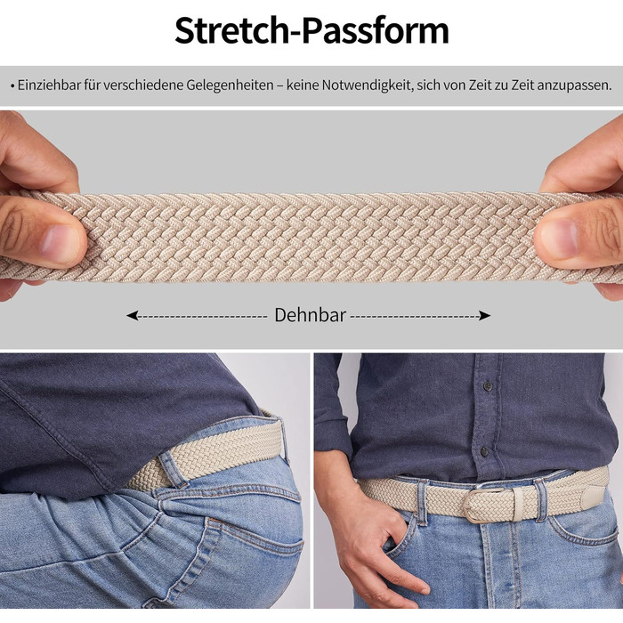 Тканинні ремені Tangchao 2 шт. Плетені еластичні ремені для жінок та чоловіків, 3.3 см, 90-135 см, чорний+бежевий, 100 см