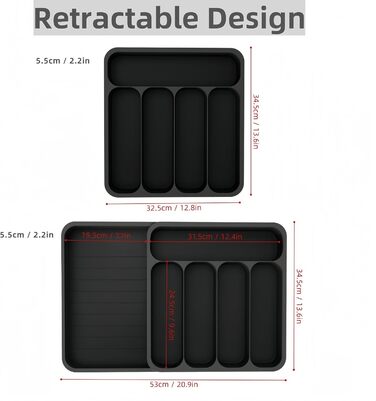 Органайзер для столових приладів висувний, 6 відділень, чорний пластик – регульоване кухонне зберігання для посуду та ножів