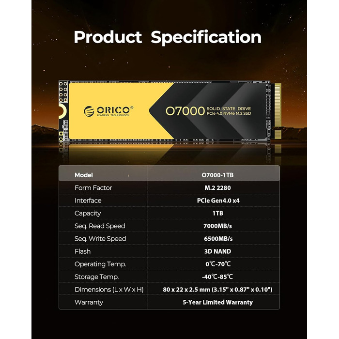 ORICO NVMe SSD 1TB PCIe 4.0 M.2 2280 Внутрішній SSD з радіатором для ПК та ноутбуків (7000 MB/s чтение, 6500 MB/s запись)