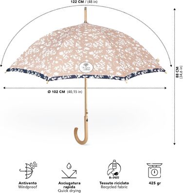 Perletti Green Eco Women's Umbrella - Large Automatic Rain Umbrella with Recycled Materials & Floral Design (102cm Diameter)