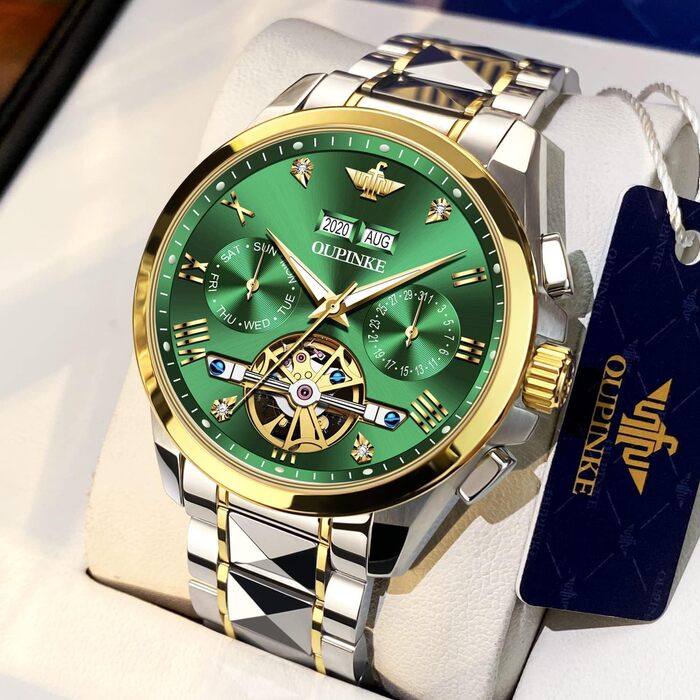 Годинник чоловічий OLEVS Automatik Skelett з автопідзаводом, механічний, люкс, з діамантами, сапфірове скло, водонепроникний, браслет з вольфрамової сталі (3186 Зелений/Золотий)