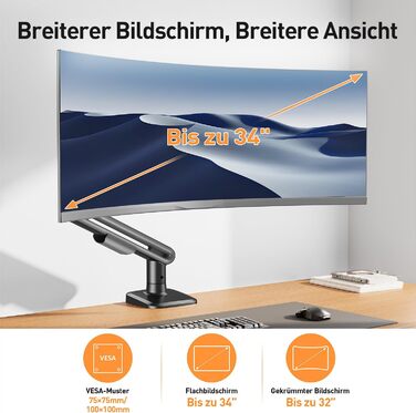 Кріплення для монітора ELIVED EV3235B-G: регульована підставка для монітора 17-34 дюймів, 2-12 кг, VESA 75/100mm, сірий