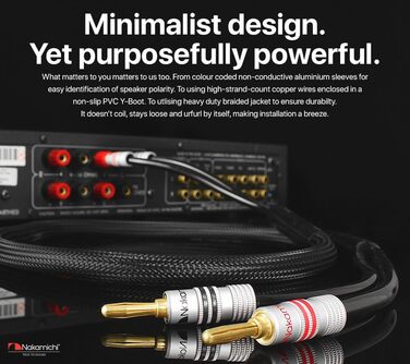 Акустичний кабель Nakamichi 14AWG з позолоченими банановими роз'ємами 24K, 3м, безкиснева мідь (OFC) в обплетенні, чорний