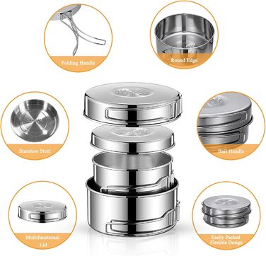 Набір кухонного посуду для кемпінгу на 2-3 особи з нержавіючої сталі: 7 предметів для пікніків, походів та кемпінгу