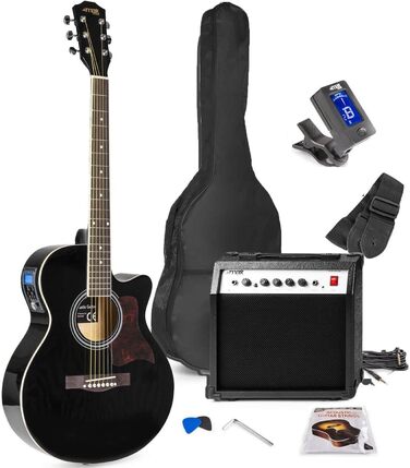 MAX ShowKit Електрична акустична гітара, комплект - підсилювач 40 Вт, підставка для нот, тюнер, чохол, медіатор - чорний