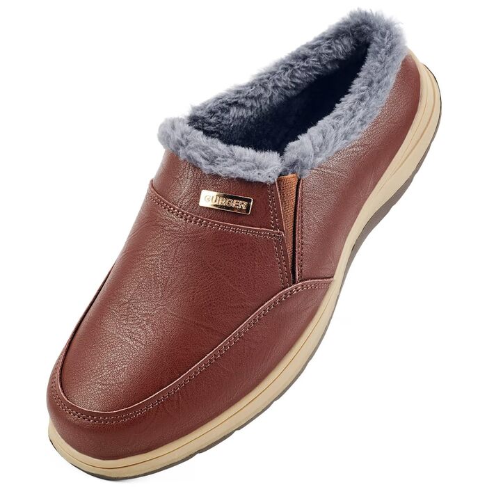 Чоловічі домашні тапочки з шкіри, зимові, теплі, з плюшевою підкладкою для дому та вулиці (темно-коричневий, 41 EU)