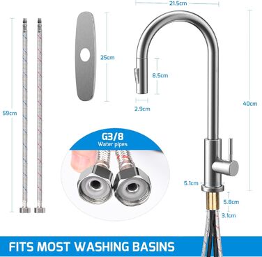 Змішувач кухонний поворотний 360° з висувною лійкою, нержавіюча сталь, гаряча/холодна вода, 2 режими струменя, G3/8'', кухонний