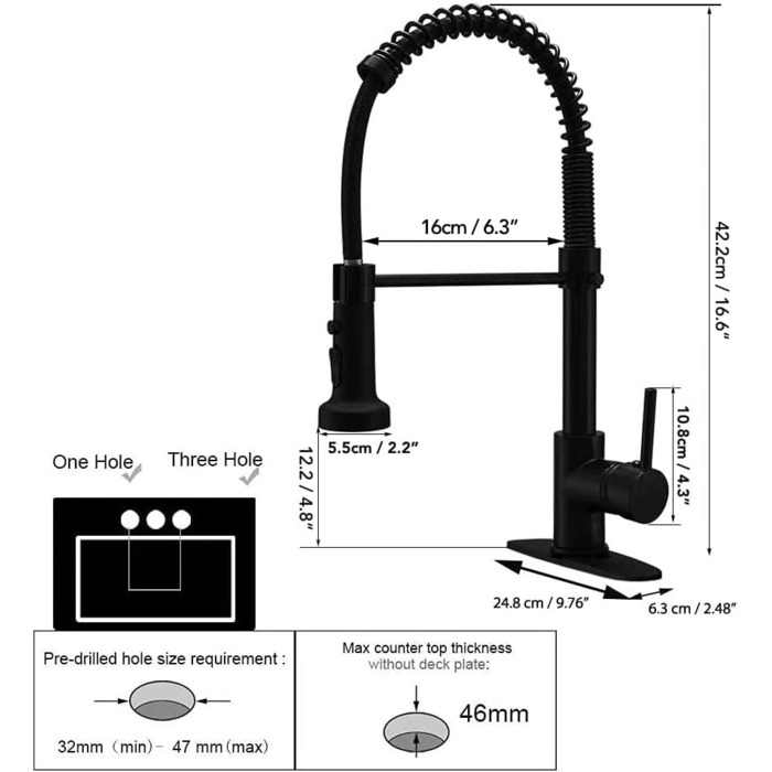 Кухонний змішувач BESy з 3 режимами струменя, висувна лійка, водоспад, поворотний на 360°, для високого тиску, з нержавіючої сталі SUS304, матовий чорний