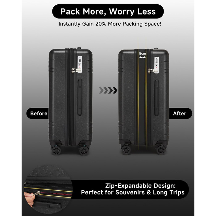 Набір валіз Sea Choice 3 шт. з жорстким корпусом, розширюваний, легкий, з 4 колесами, з тримачем для напоїв та TSA замком, чорний