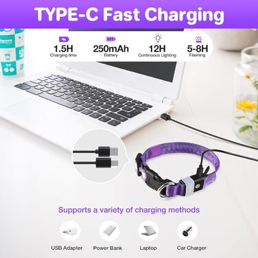 Світлодіодне нашийник для собак MABRILL, перезаряджається, водонепроникний, 3 режими світла, для малих, середніх та великих собак, колір: фіолетовий (L)