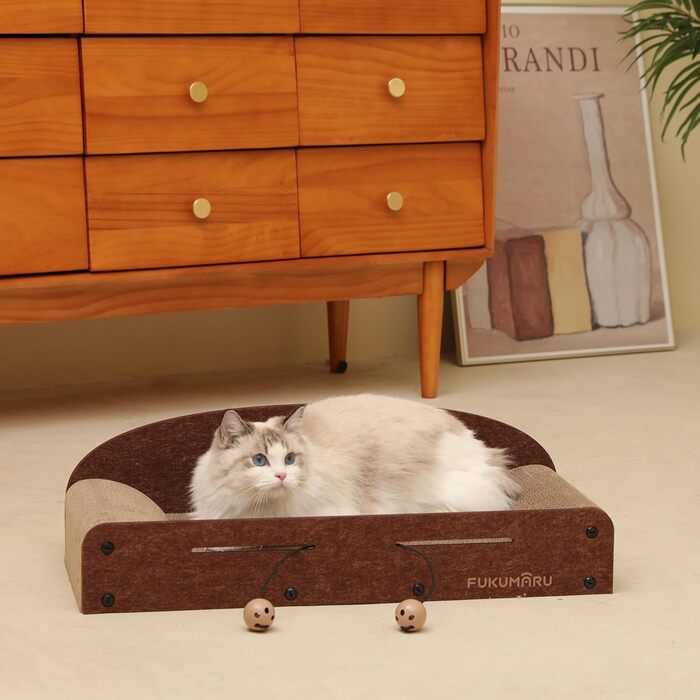 Cat Scratch Board, 66cm durable scratching cardboard and felt, large lounging area, 2 reversible cat scratching pads for cats, recyclable corrugated cardboard cat bed with jingle ball toy, caramel color