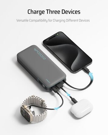 Power Bank CUKTECH 20000mAh з USB-C кабелем, 45W, білий. Швидка зарядка, цифровий дисплей для iPhone, MacBook, Galaxy.