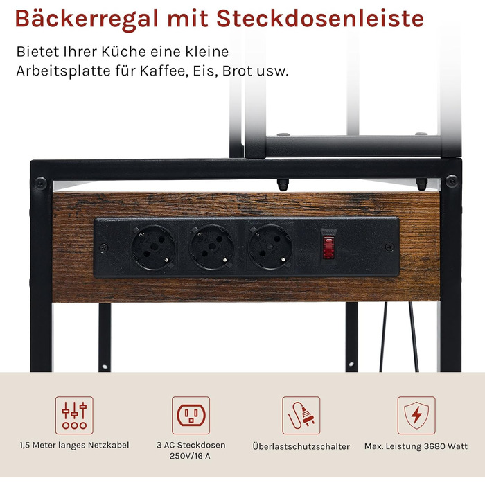 Кухонна полиця WOLTU з 6 ярусами, з розетками, для мікрохвильової печі, з металевим каркасом, регульовані полиці, Чорний+Рустик Браун, 60 x 167 x 40 см (Чорний+Вінтаж Браун, 80 x 39,5 x 167 см)