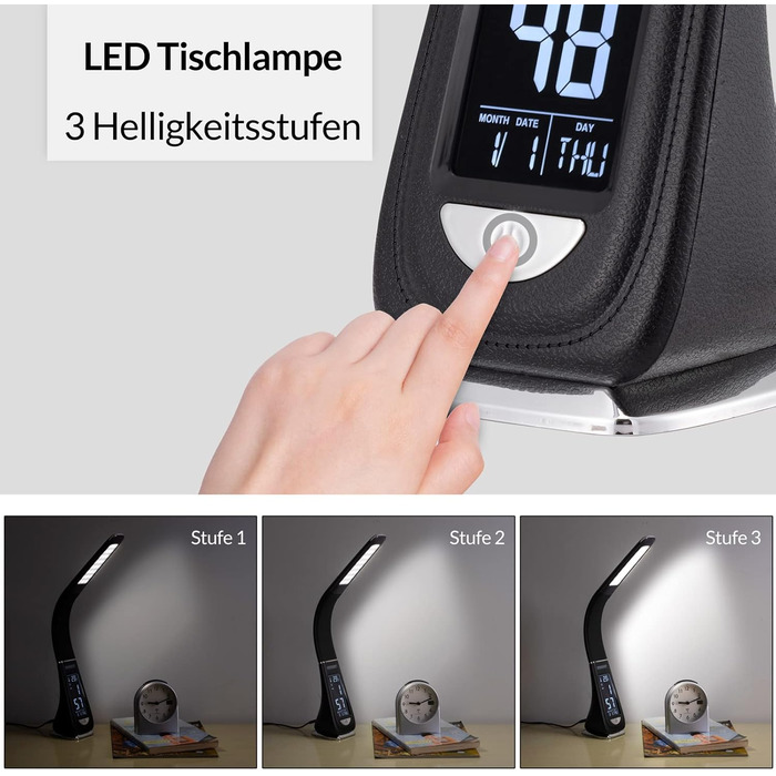 LED лампа Monzana з годинником, будильником, термометром та календарем, регульована яскравість, настільна лампа для дому та офісу (білий/чорний)