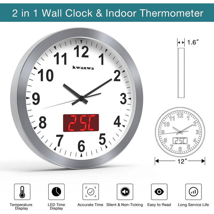 KWANWA Modern Wall Clock with No Ticking Sound • Digital LCD/LED Display • Calendar & Temperature • Battery Powered • 30.5cm • 12h Format, Perfect for Kitchen, Bedroom & Office (Silver Case, Red LED)