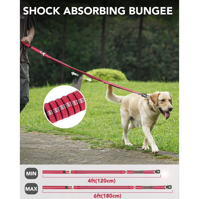 Тактична повідок для собак Joytale, еластична повідок з 2 м'якими ручками, страхувальний ремінь для авто, повідок без ривка для середніх, великих та екстра-великих собак (1.2м-1.8м, світиться рожева)