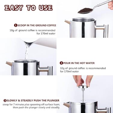 Make a French press coffee machine, 21oz stainless steel French press with a 3-level filtration system, double-walled insulated French press with 3 filters and 1 metal spoon, black