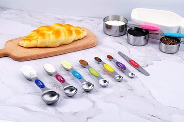 TILUCK Measuring Cups and Magnetic Measuring Spoons, Stainless Steel Measuring Cups, 6 Double-Sided Stainless Steel Measuring Spoons and 1 Leveler (5+7)