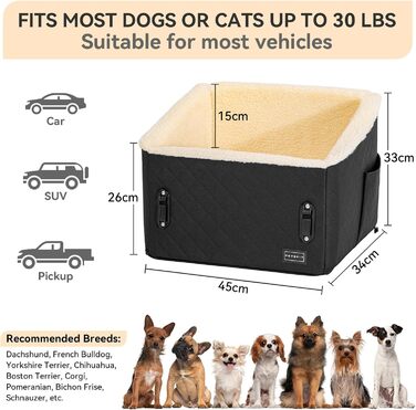 PETSFIT Автокрісло для собак, підняте на 12.5 см, для собак до 12 кг, чорний колір, знімний плюшевий чохол, безпечне кріплення