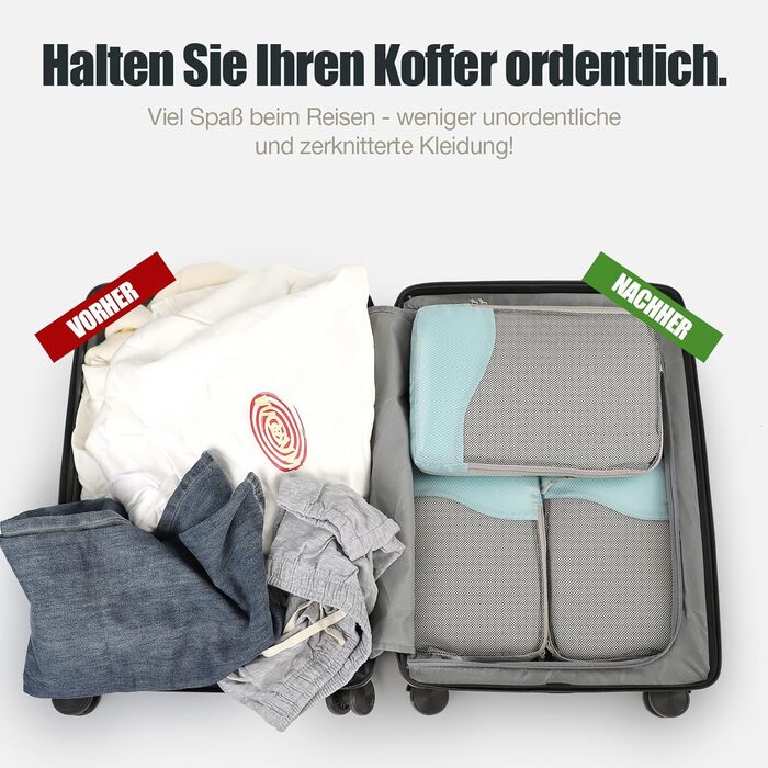 VnioLife Набори для пакування валізи: 8 шт. - Органайзер для подорожей, компресійні куби для валізи (Блакитний)