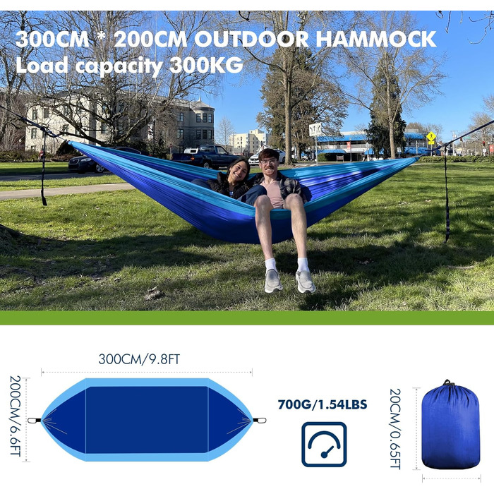 Гамак для відпочинку на відкритому повітрі, кемпінгу, 2 особи, 300 x 200 см, ультралегкий, портативний, для подорожей, вантажопідйомність до 300 кг, сапфірово-блакитний, нейлон, дихаючий